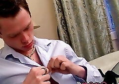 Tatted buck roughly jerks his straining knob