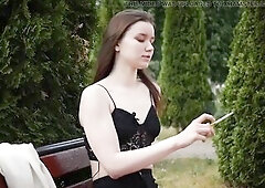 Fascinating Russian beauty smokin' one cigarette outdoors in nature, soft sunlight, calm mood, gentle expressions, natural gal, close-up shots