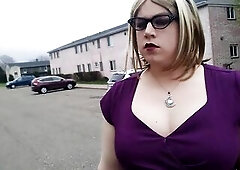 Wearing a purple costume, ebony hose and 6" platform heels. Walking up and down next to my apartment. How many of my neighbors have seen me?