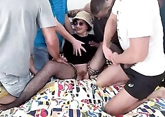 bushy older gets bizarre double penetration group-fucked