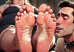 Resigned stud passionately worshipping the perspired feet of a plump big beautiful woman. This chab licks her soles and sucks her toes with complete s