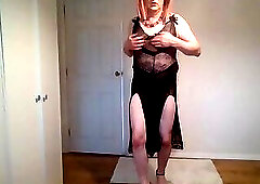 Nude strip in black lace night dress