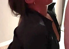 MILF deepthroats a big cock and takes a facial while still clothed