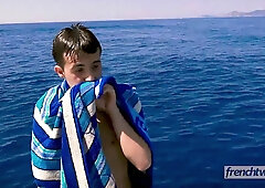 The Captain and his skipper shag a youthful customer on the boat