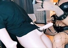 Dominant woman gives a high heels footjob while using sex toys and slapping her victim