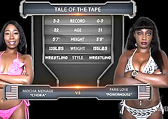 Paris Love ménage match turns rough with strapon and pussy licking between two ebony women before the man joins