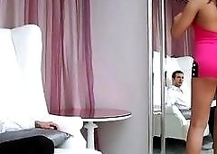 Shemale in pink outfit does doggy style with horny guy