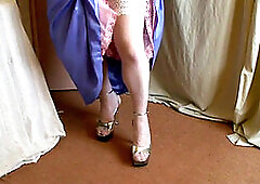 Lilac bridesmaid sundress, pinkish petticoat and platform heels