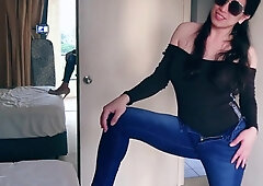 pretty chinese she-male denim striptease with talented XXL jugs