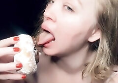 Large Breasted Camgirl Eating a Donut Like It's Vagina
