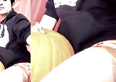 Adorable twink goth femboy Jon Arteen carves a Halloween pumpkin in his undies