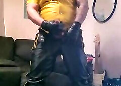 Leather sir jerks off