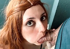 Redhead Jenny Pink gives an intense blow job and takes it all on her face