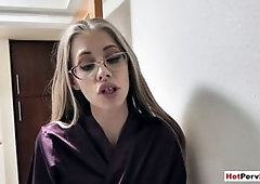 My skinny MILF stepmother Kyaa Chimera with big natural tits in glasses grabs my big cock and shows me her footjob technique and proves that she fucks