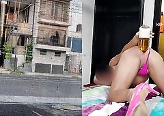 (Dual webcam) Sissy in micro bikini exposing herself taking 900ml of beer inside her butt