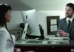 Wicked and busty brunette white babe seduced and fucked on the couch