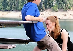 Horny teen sucks a dick and gets banged doggystyle in public