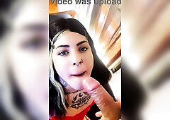 Wicked tattooed trans suck on a large shlong and gets milk in her throat