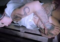 This tattooed alt is smokin' on the porch in her white party outfit, looking for trouble. See in POV as this babe sees my hard penis and just now