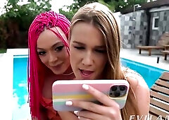 In Serbia for Summer Solstice pink haired hottie Misha Maver makes out with slender Euro vixen Alexis Crystal by the pool Before long gorgeous blonde 