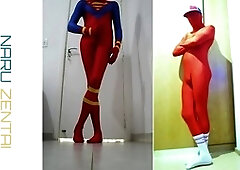 Enjoying solo play in a Superman zentai suit