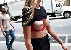 Sultry Shan Flashes in Red Lingerie Outdoors