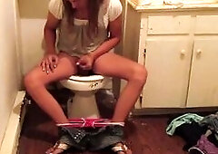 Hawt sissy sweetheart having pleasure at her allies abode during the time that in the washroom playing and rubbing all over her hard love button makin