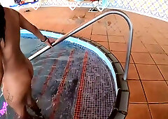 Voluptuous brunette MILF caught in steamy indoor pool encounter with multiple lovers