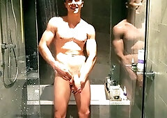 Gay hot lad, white stud, shower big dick