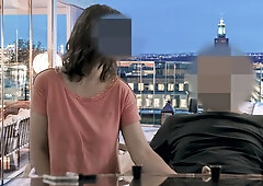 Brazilian-haired woman gives a spit-filled blowjob on a rooftop terrace
