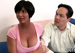 Busty mature wife Shay Fox worships big cock while her husband watches