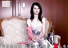 Bewitching brunette hair with green eyes is sucking dong during a porn episode casting, to show her skills