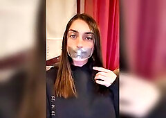 GlitterGiiiirl’s Throat Sealed with Duct Tape Caressing Chastity Cage Beneath Sheer Hose [Preview]