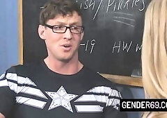 Blond trans teen in nylons barebacked by a classmate