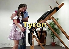 Tyron submissively gets butt whipping on her oiled little firm anal opening.