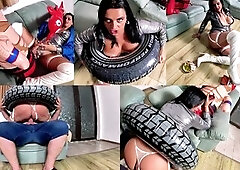 U catch me on the daybed in extraordinary white leather boots, a blue leather coat, small belt and garter strap, already grinding against the thong on