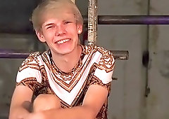 Tied up and blindfolded submissive twink teased with hot wax