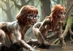 2 breathtaking honeys lose their garments in a darksome swamp searching for their ally and end up in nature's garb in the mud (AI generated)