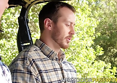 Hunky gay rides his friends cock raw after blowjob outdoor