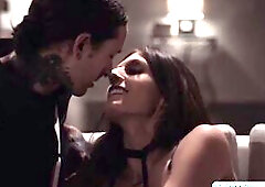 Tall and brunette hair t-girl hottie Jade Venus joins tatooed starighy man Ruckus in the daybed with her hands running towards his large hard dick lea