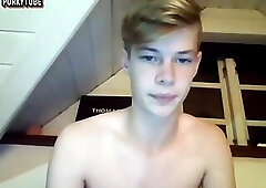 Blonde guy with big cock and perfect body masturbate on webcam and cumshot