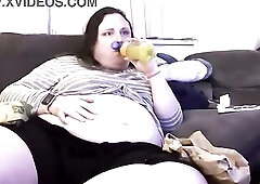 HUUGE big beautiful woman trans cutie with large corpulent stomach stuffs with junk food