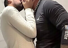 Hot daddies having fun in public bathroom