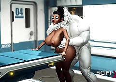 A sexy young busty ebony has hard anal sex with sex robot in the medbay