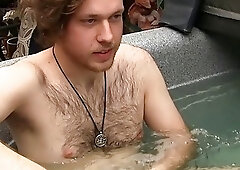 Hairy twink relaxes while bathing and enjoys jerking off solo