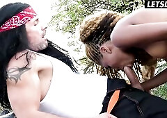 Curvy Black Sweetheart Sucks His Dong on a Truck Trailer in the Midst of a Field