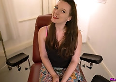 Chick with awesome cleavage Ivy spreads legs wide open to expose pussy