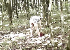 Upskirt no pants . Undressed mama Mother I'd Like To Fuck out of pants picks mushrooms in forest . Outdoors Outside