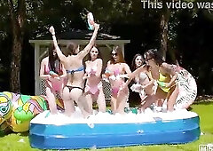 Foam-Overspread Chicks Go Topless in the Inflatable Pool Whilst the Fresh Man Watches