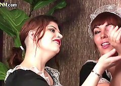 Amateur CFNM maids jerking cock in 3some in stockings n heels